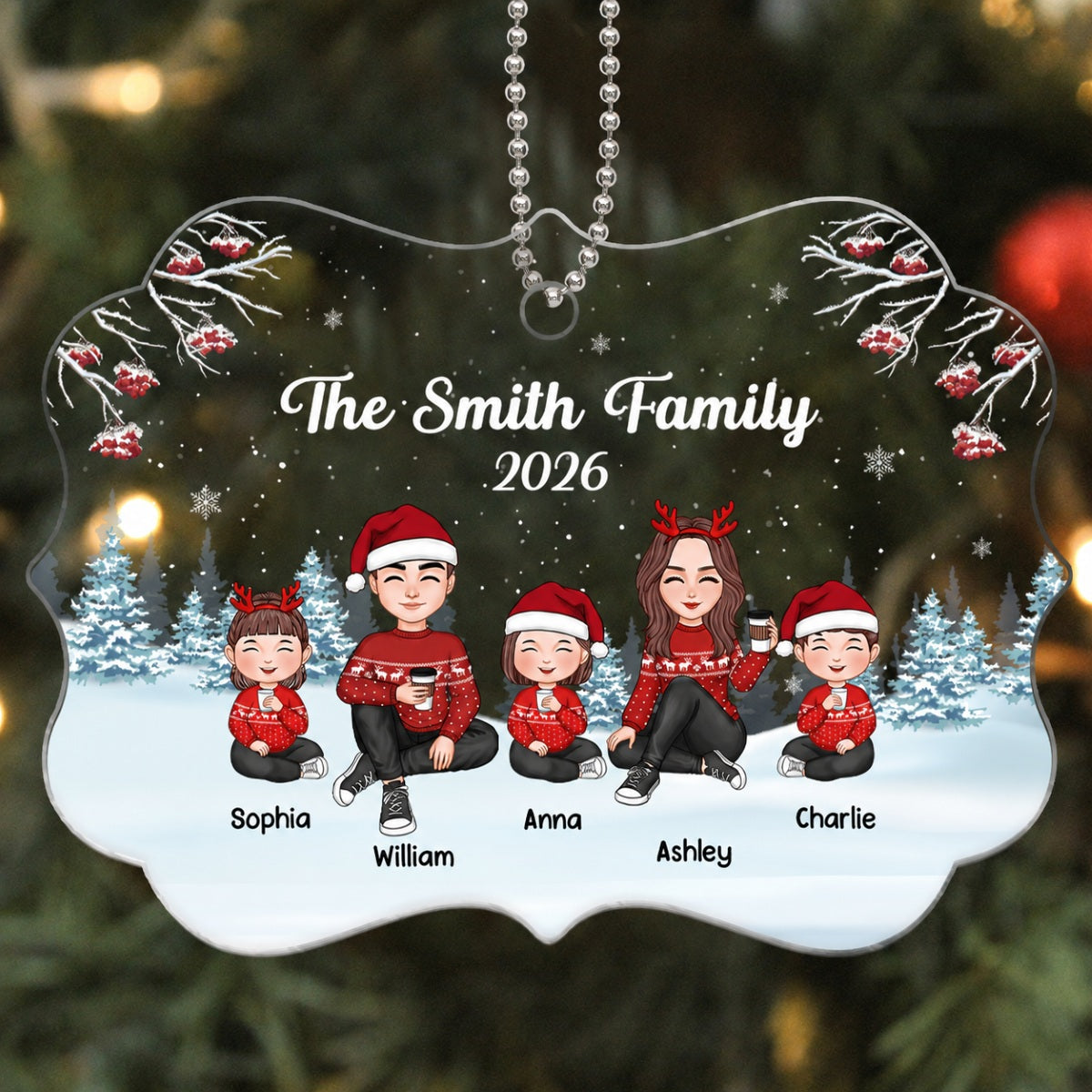 Christmas Berry Tree Cute Family Dad Mom Kids Dogs Cats Sitting In Snow Personalized Acrylic Ornament