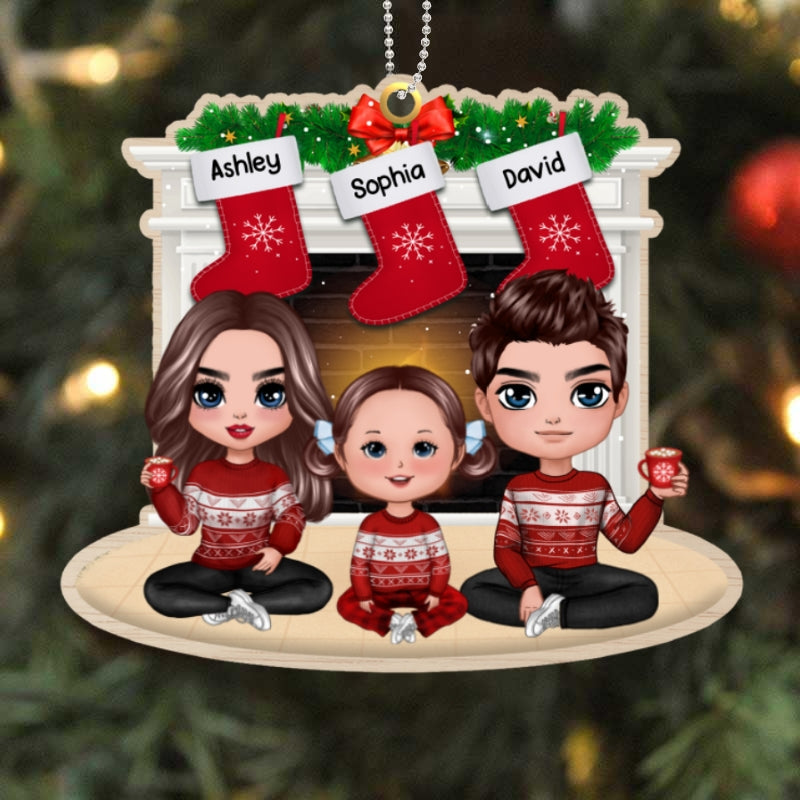Doll Family Sitting At Fireplace Personalized Wooden Ornament