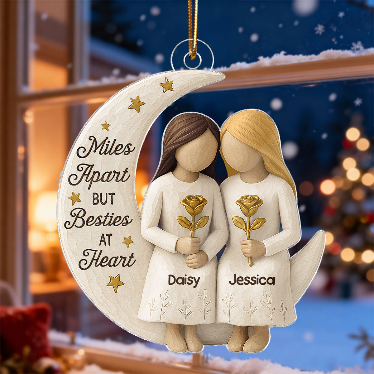 3D Effect Wooden Texture Stars Besties On Moon - Personalized Acrylic Ornament - Christmas Gift For Best Friends