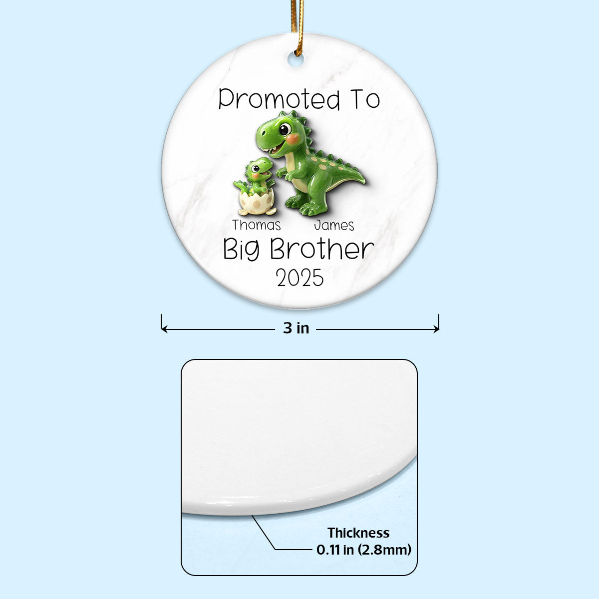 Promoted To Big Brother Big Sister 3D Effect Cute Dinosaurs - Personalized Ceramic Ornament - Proud New Big Sibling Gift