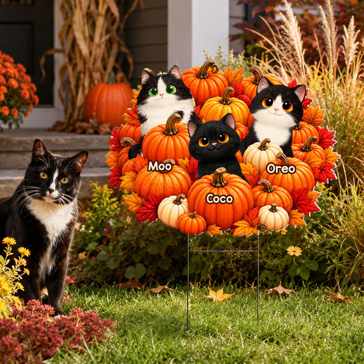 Fall Season Cute Cats Play In Pumpkin Patch - Personalized Yard Sign - Fall Decor For Cat Lovers