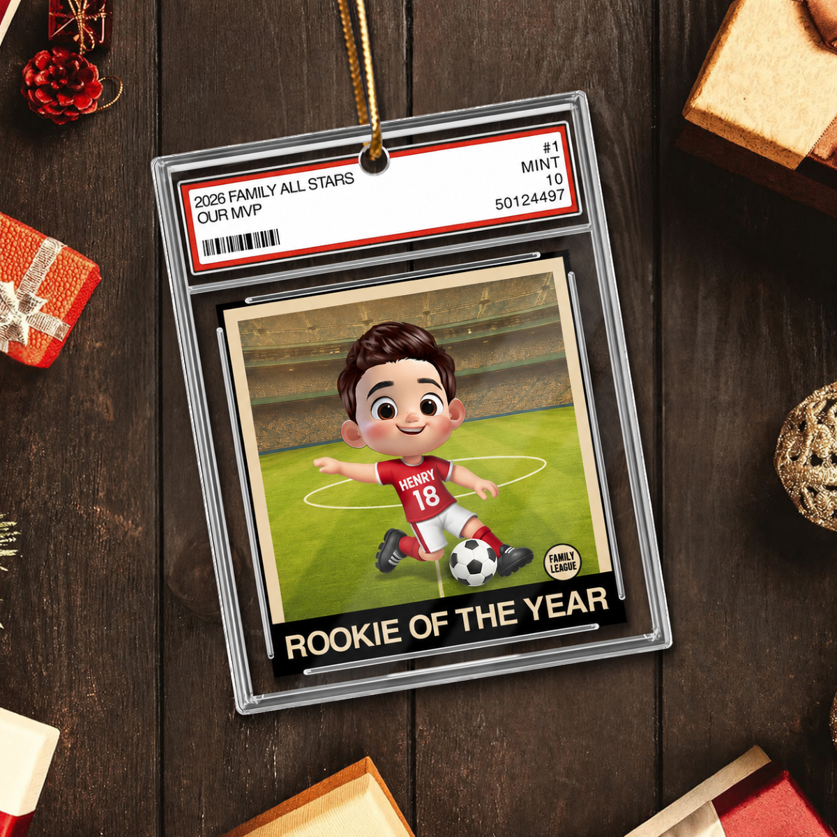 Soccer Rookie Of The Year Kid All Star Trading Card Style - Personalized Acrylic Ornament - Christmas Gift For Kids, Grandchildren