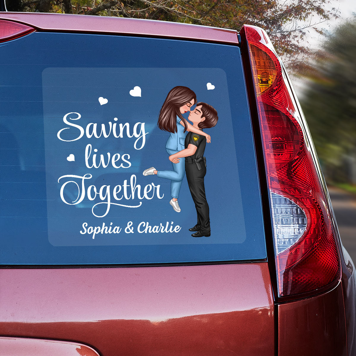 Saving Lives Together Hero Couple Hugging Kissing Personalized Decal