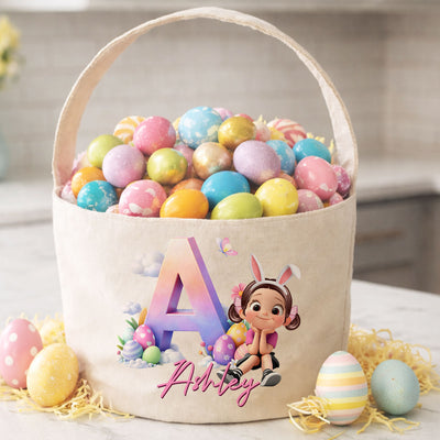 Kids Sitting With Initial Letters Easter Egg Hunt Bag - Personalized Bucket Bag - Gift For Kids, Grandkids, Easter Gift
