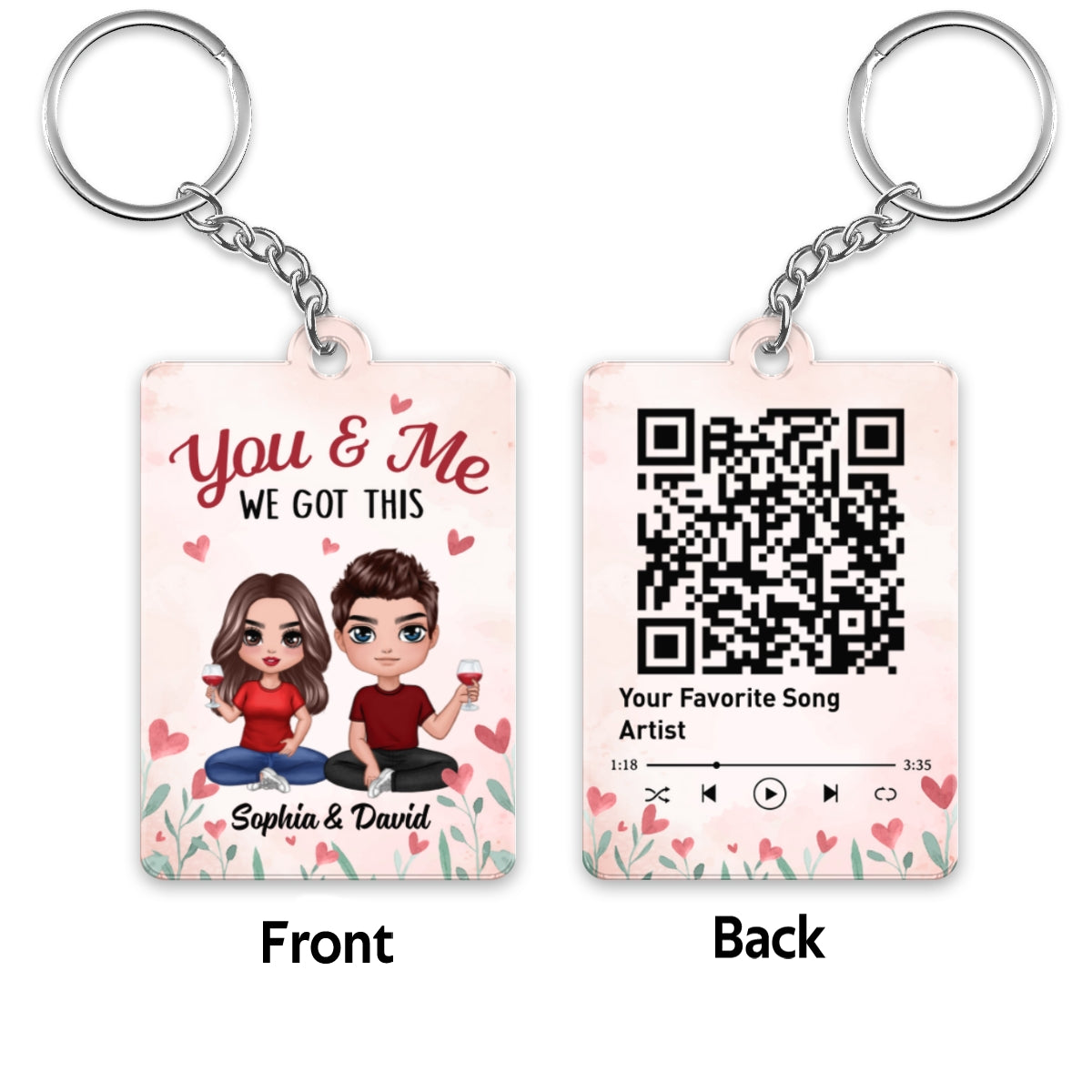 Doll Couple Sitting Flower Hearts Favorite Song QR Code Personalized Acrylic Keychain