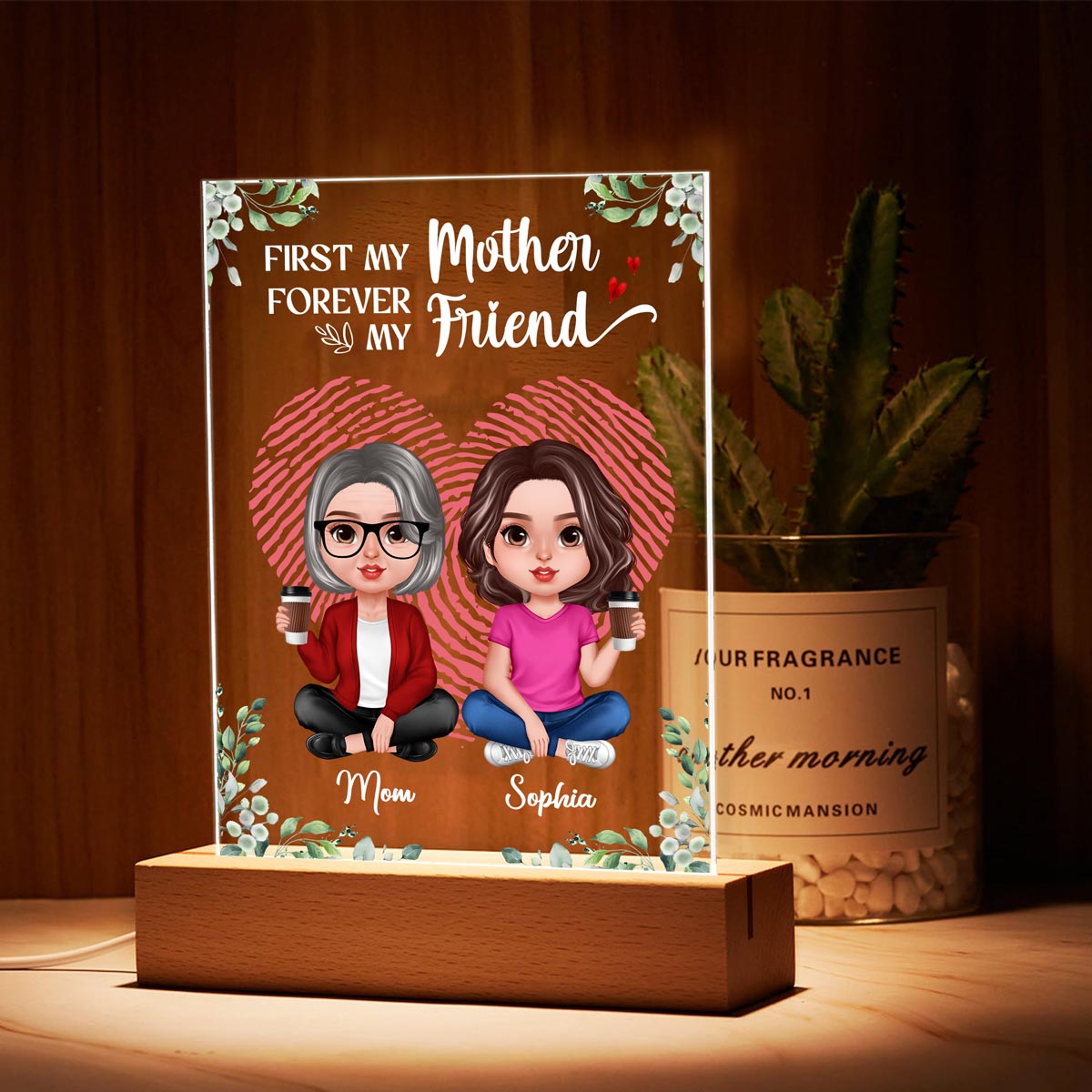 First Mother Forever Friends Fingerprint Heart Personalized Acrylic LED Night Light