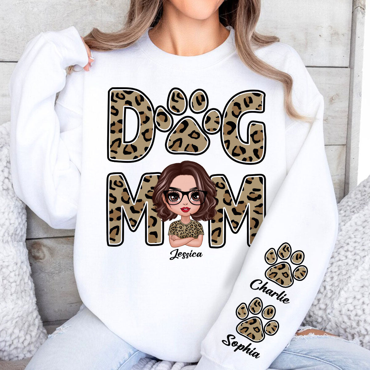 Leopard Dog Mom Gift For Dog Lovers Personalized Sleeve Printed Sweatshirt