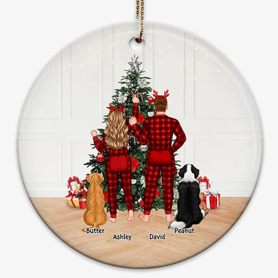 Couple Pajamas & Dogs Decorating Tree Personalized Circle Ornament