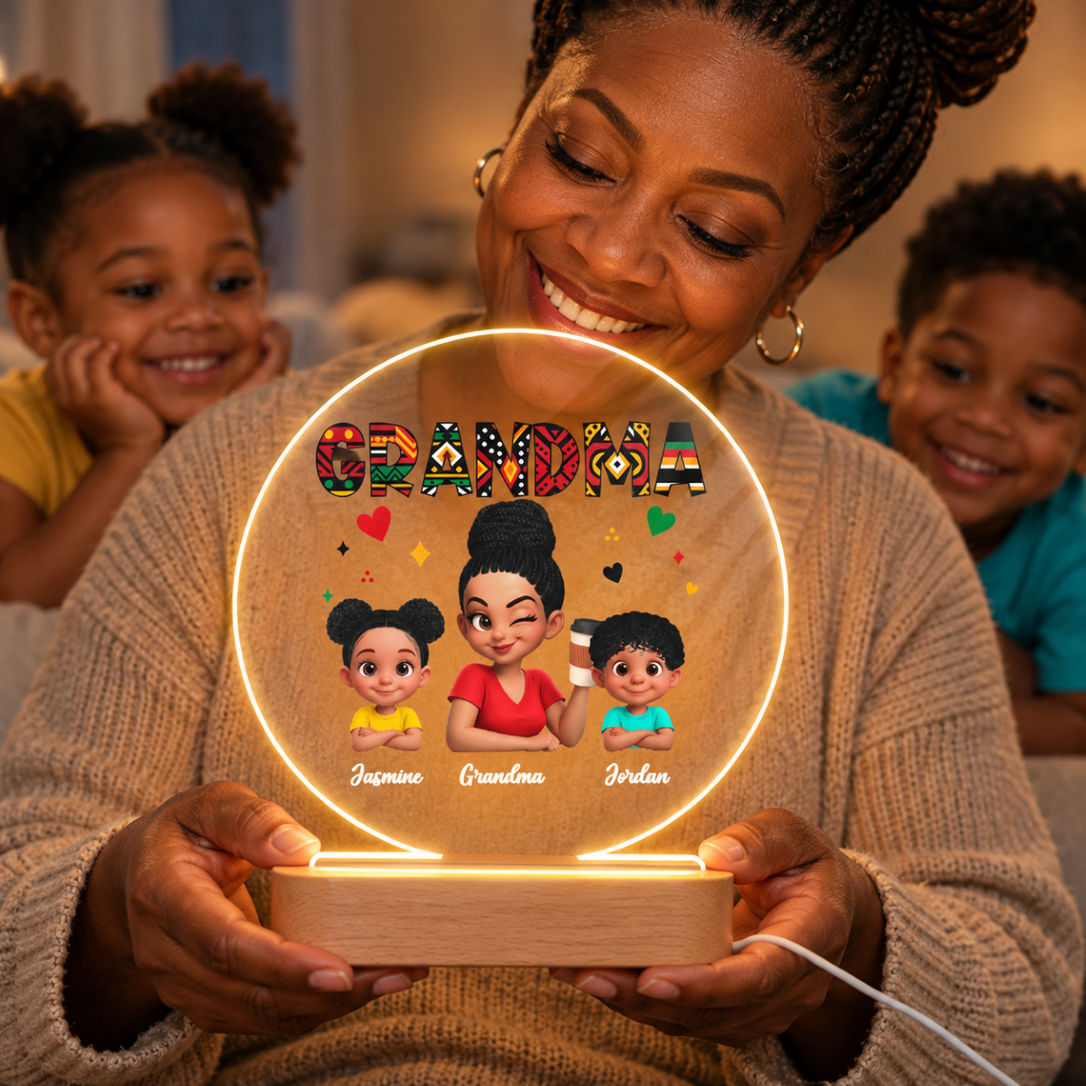Tribal Pattern Grandma Grandkids Love - Personalized Circle Plaque LED Night Light - Gift For Grandma