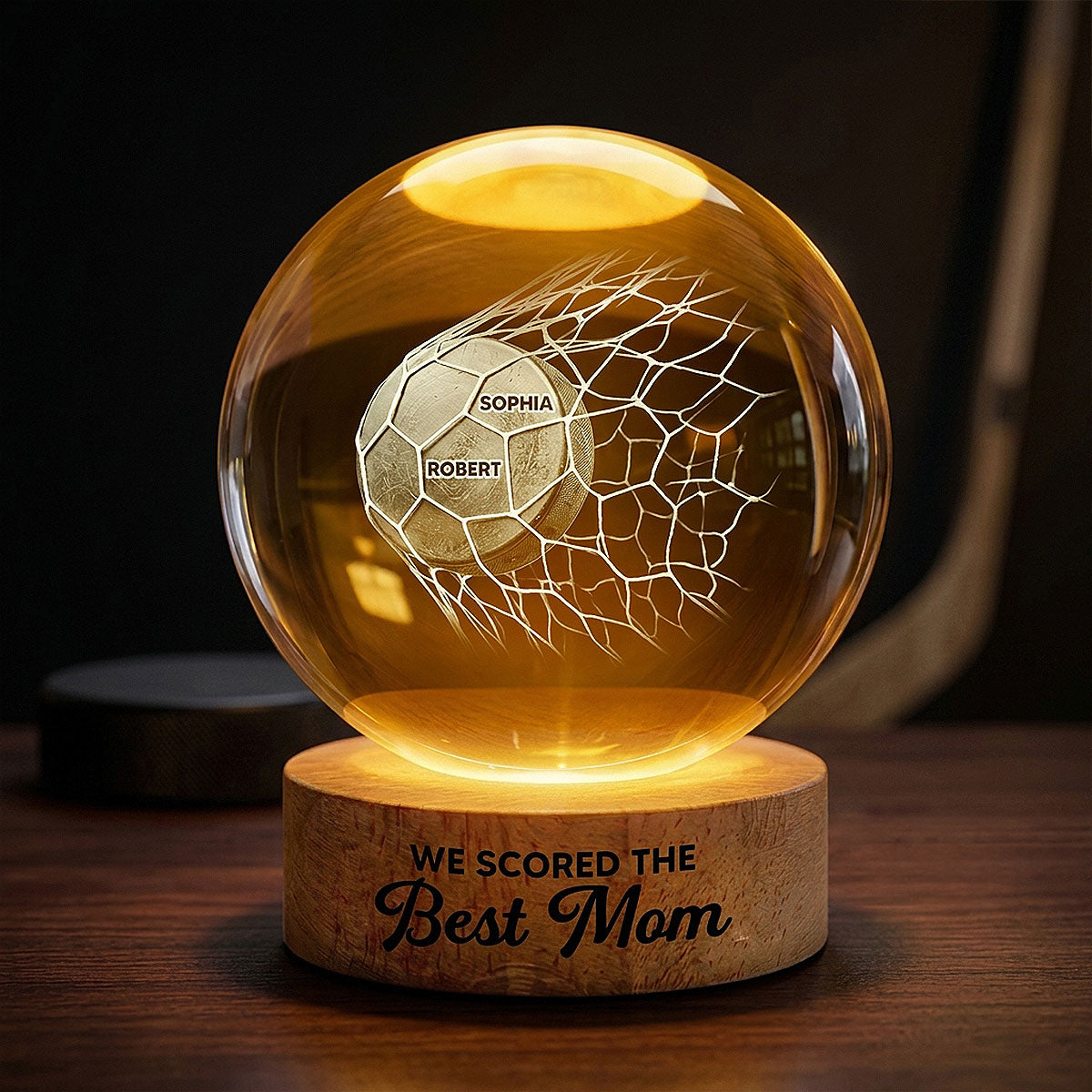 Puck Goal We Scored The Best Mom - Personalized Crystal Ball LED Night Light - Gift For Hockey Mom