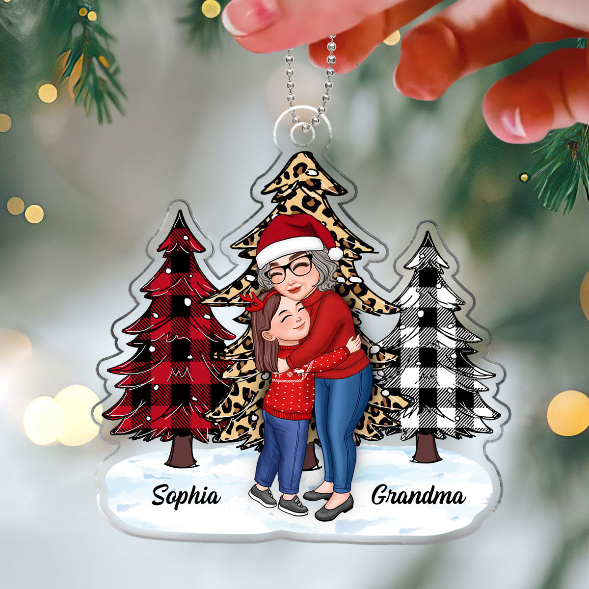 Grandma Hugging Grandkids Christmas Checkered Leopard Christmas Tree Gift For Grandkids Personalized Acrylic Ornament