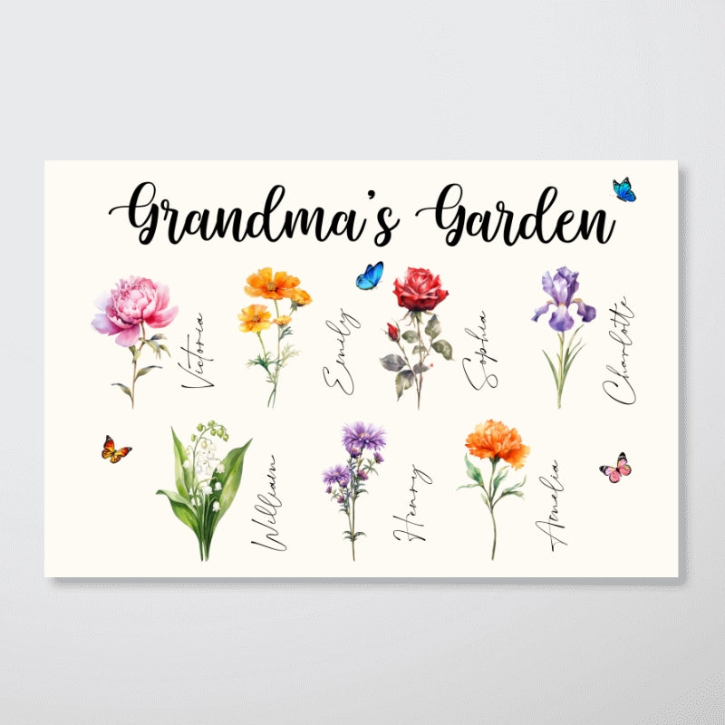 Grandma‘s Garden Beautiful Birth Month Flower With Names Personalized Horizontal Poster