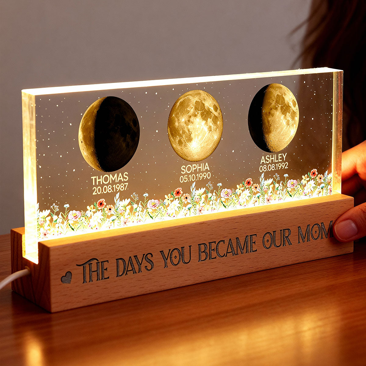 Floral Custom Birth Moon Phase The Day You Become Our Mom - Personalized Acrylic Block LED Night Light - Heartfelt Gift For Mom