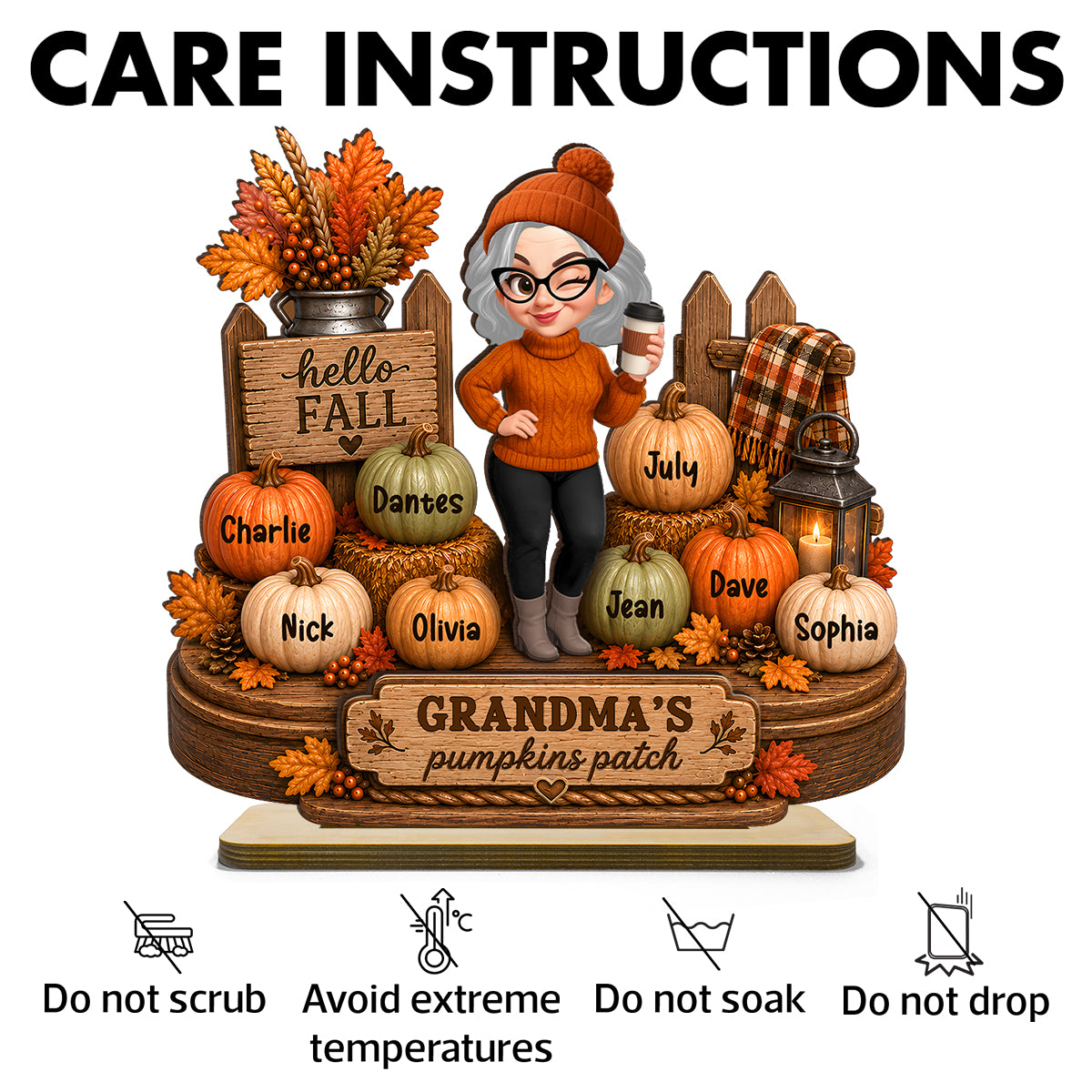 Hello Fall Grandma's Pumpkin Patch - Personalized 2-Layered Wooden Plaque - Cozy Fall Decor for Grandma