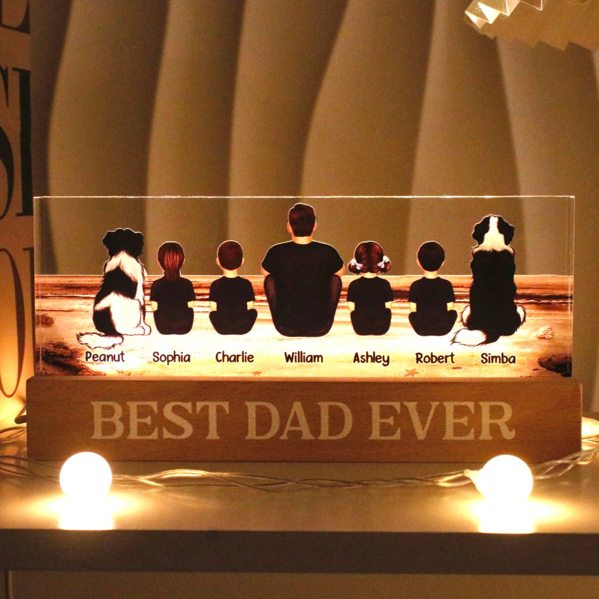 Retro Vintage Dad And Sons Daughters Sitting Beach Landscape Personalized Acrylic Block LED Night Light, Heartfelt Father's Day Gift For Dad