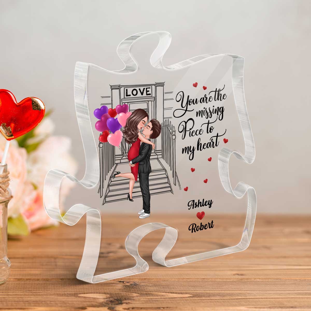 Couple Kissing Front Porch Missing Piece Personalized Acrylic Puzzle Plaque