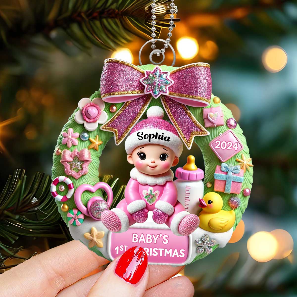 Personalized Wreath Baby's First Christmas Personalized 3D Effect Acrylic Ornament, Christmas Keepsake for Baby
