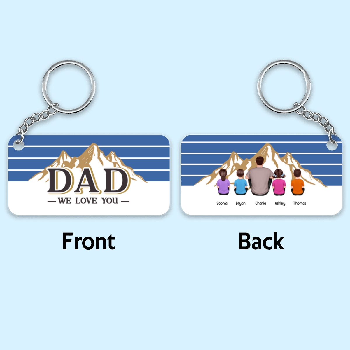 Best Dad Ever Mountain Blue Stripe Back View Man & Kids Personalized Acrylic Keychain