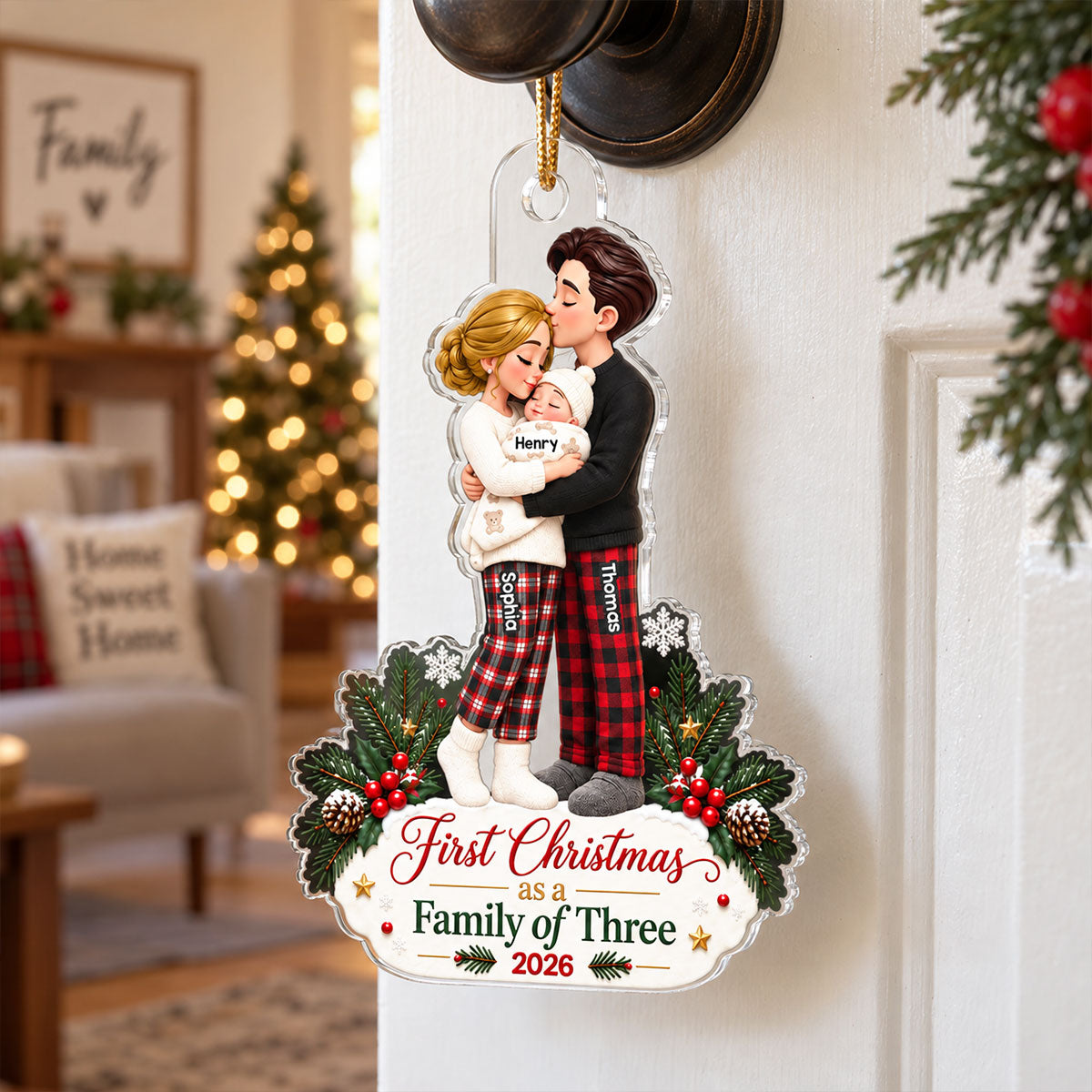 Our First Christmas As Family Of Three 2D Flat Printed - Personalized Acrylic Ornament - Christmas Tree Keepsake For New Parents