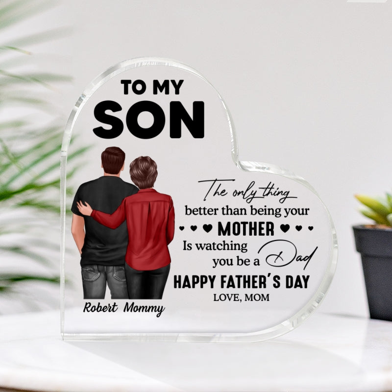From Mom To Son Happy Father's Day Personalized Heart Acrylic Block Plaque, Heartfelt Father's Day Gift For Son