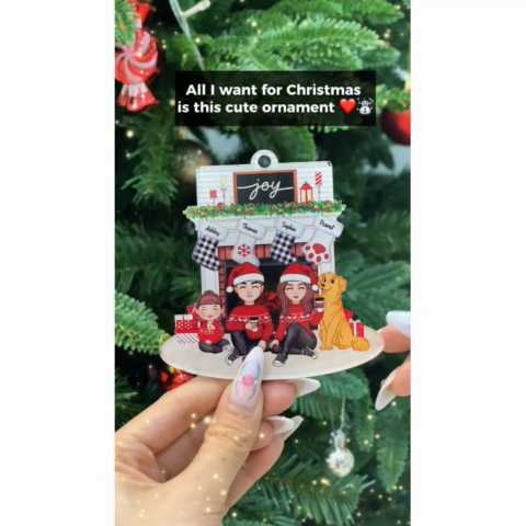 Cute Family Dad Mom Kids Dogs Cats Sitting At Christmas Fireplace Personalized Acrylic Ornament