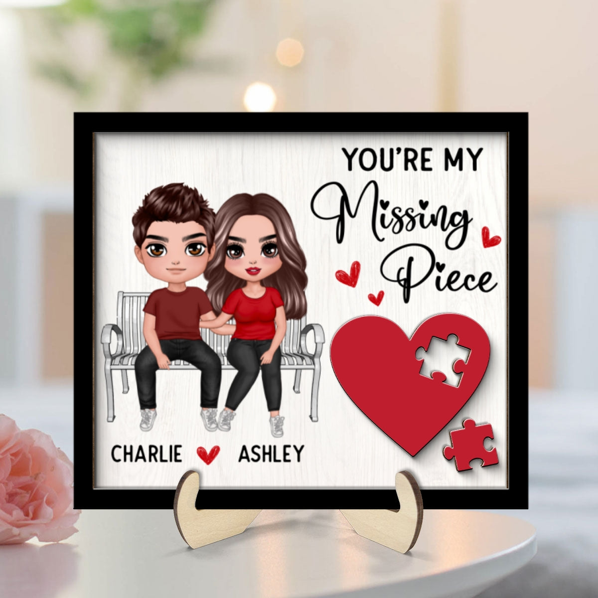 Couple Sitting On Bench Red Heart Valentine‘s Day Gift For Her Gift For Him Personalized 2-Layer Wooden Plaque