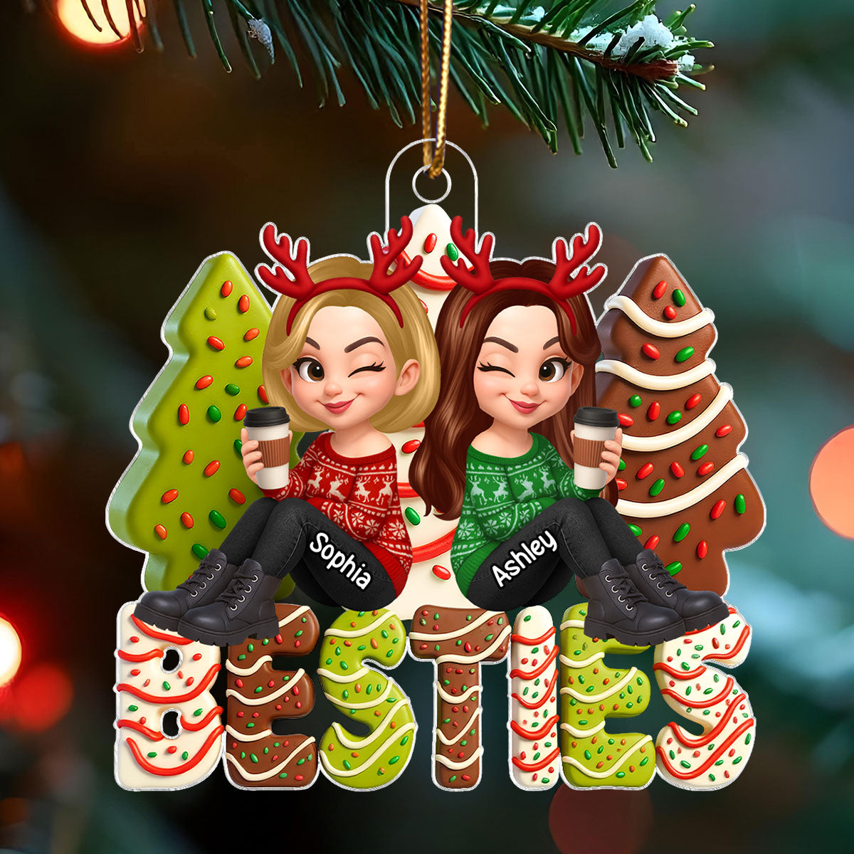 3D Effect Christmas Tree Cake Besties Sisters Personalized Acrylic Ornament, Christmas gift for Besties Sisters