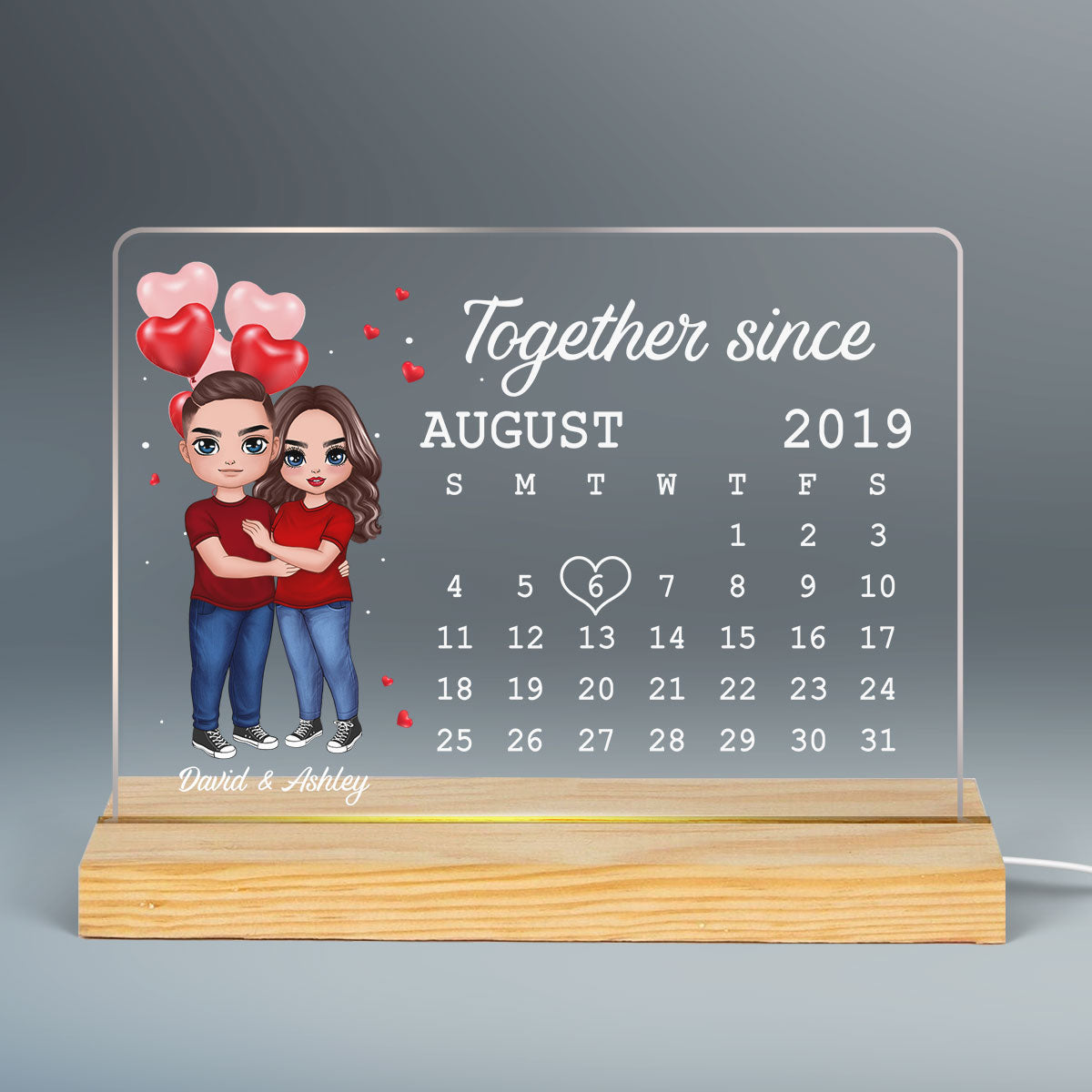 Doll Couple Hugging Anniversary Date Calendar Rectangle Personalized Custom Shape Acrylic Plaque With LED Night Light - Anniversary Gift For Couple - Gift For Him - Gift For Her