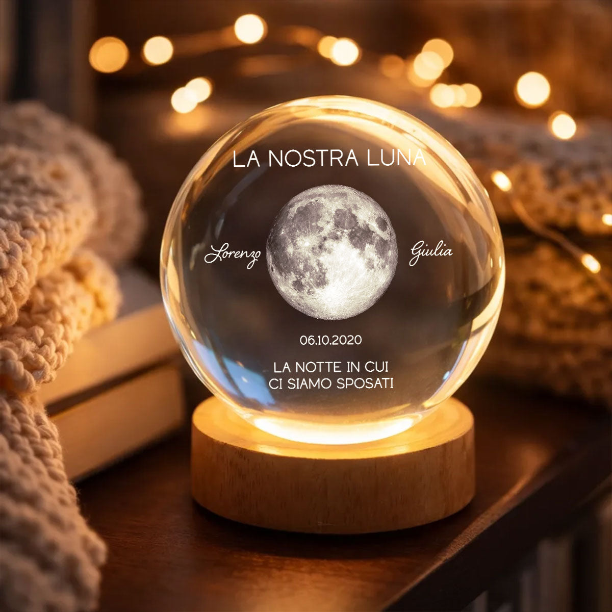 La Nostra Luna – Fase Lunare Personalizzata per Data – Sfera di Cristallo con Luce Notturna – Regalo di Anniversario