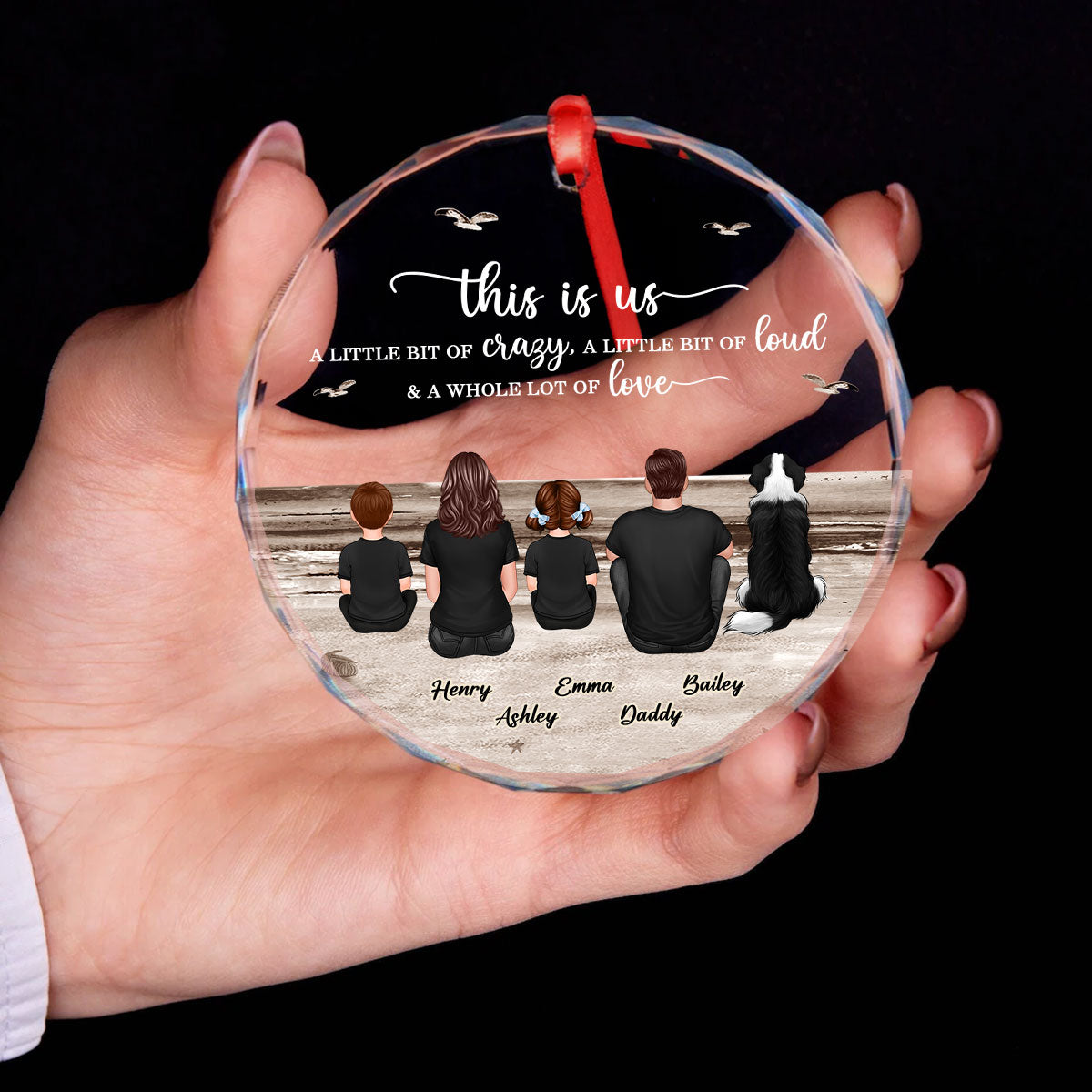 Family Sitting Back View Retro Vintage Beach Landscape Personalized Circle Glass Ornament
