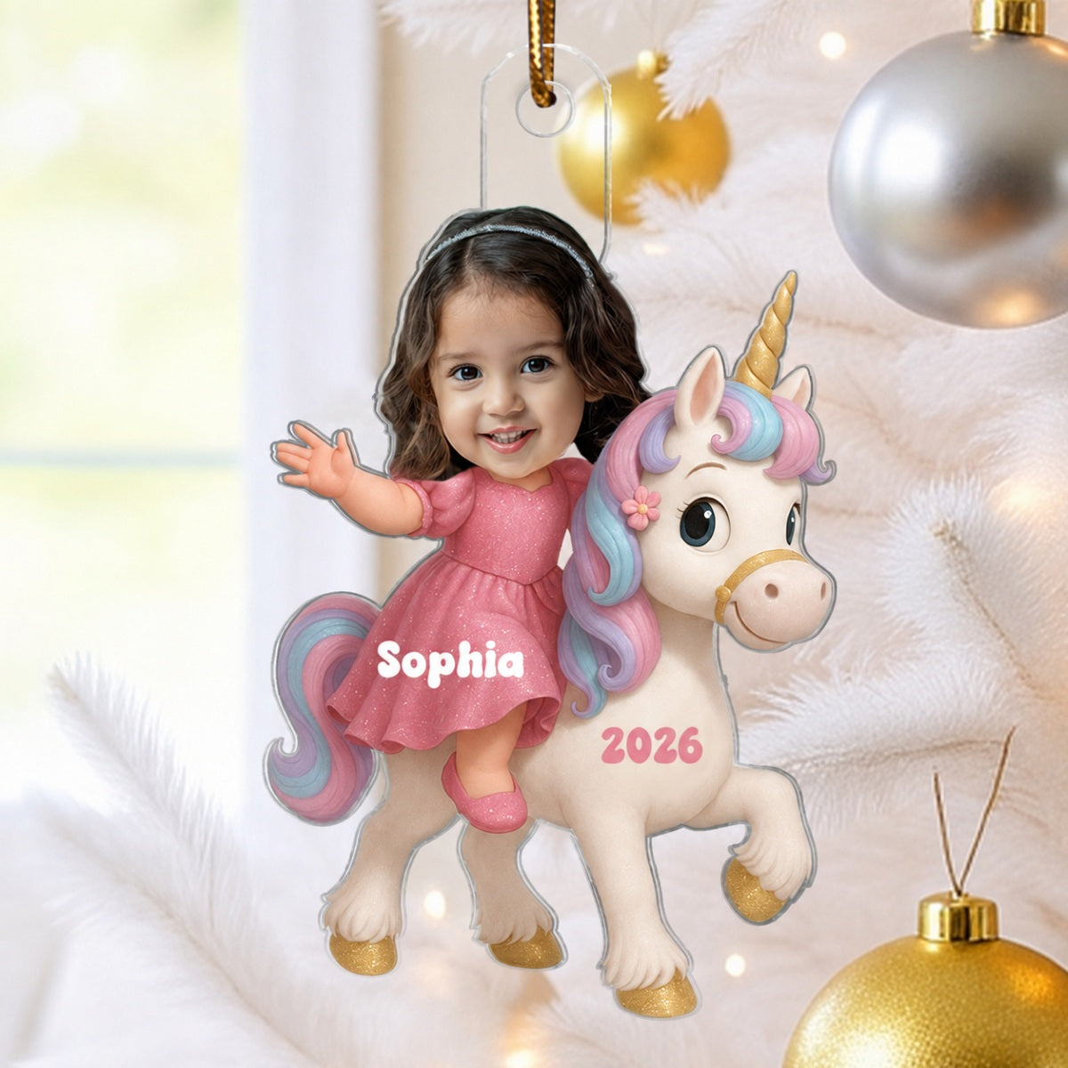 3D Effect Custom Kid Photo Face With Unicorn Christmas Personalized Acrylic Ornament