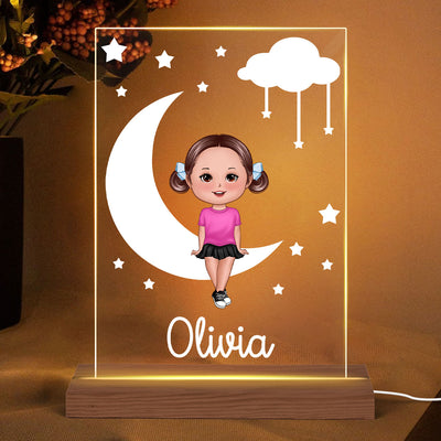 Cute Kid Sitting On Moon Nursery Decor Personalized Acrylic Plaque With LED Night Light - Gift For Grandchildren, Son, Daughter - Nursery Lamp
