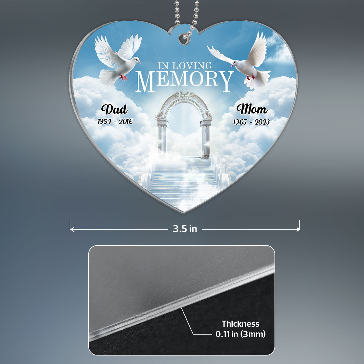 White Doves In Loving Memory Personalized Heart Shaped Acrylic Ornament