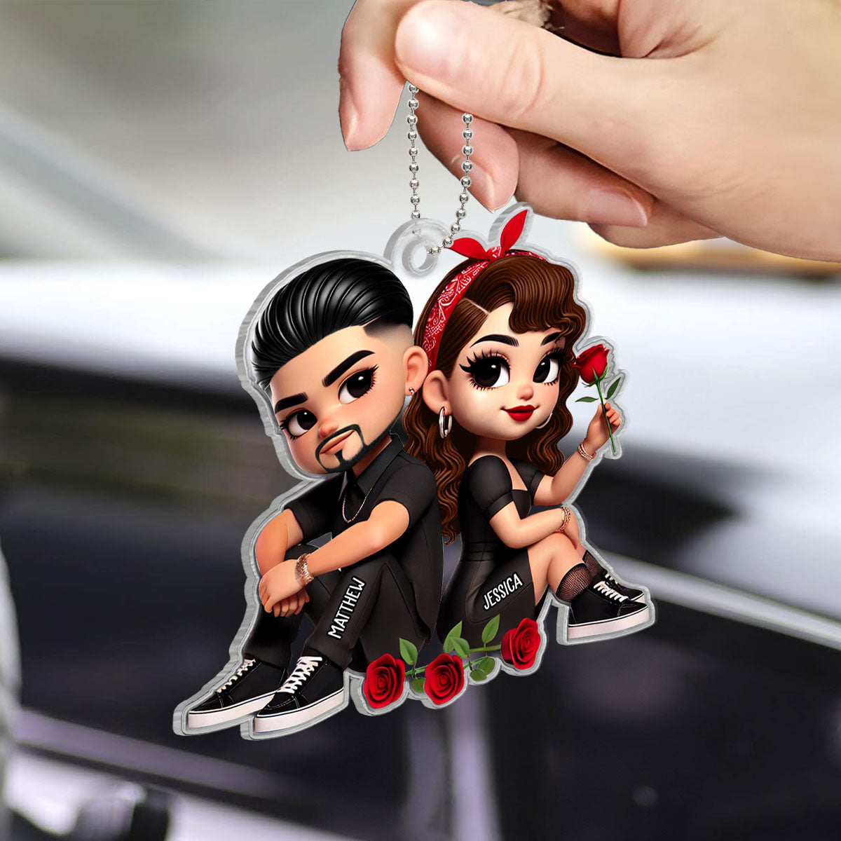 Pretty Couple Roses Heart Personalized Acrylic Car Hanger, Anniversary Gift,  Gift for Couples