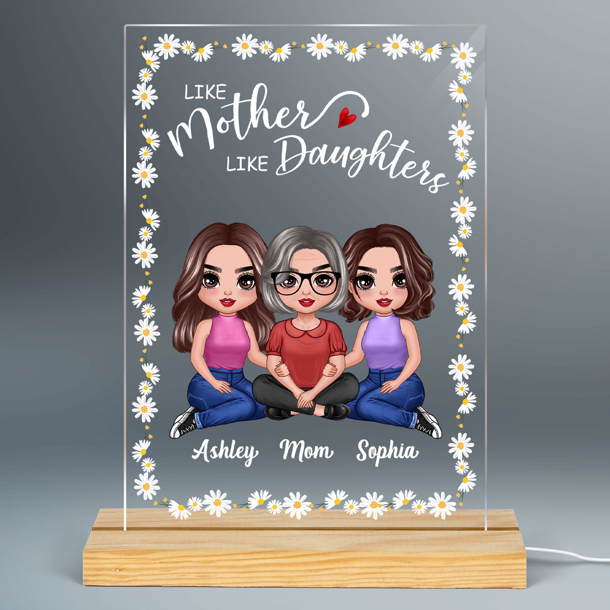 Daisy Flower Frame Embracing Doll Mom Daughters Sitting Like Mother Like Daughter Personalized Rectangle Acrylic Plaque LED Night Light