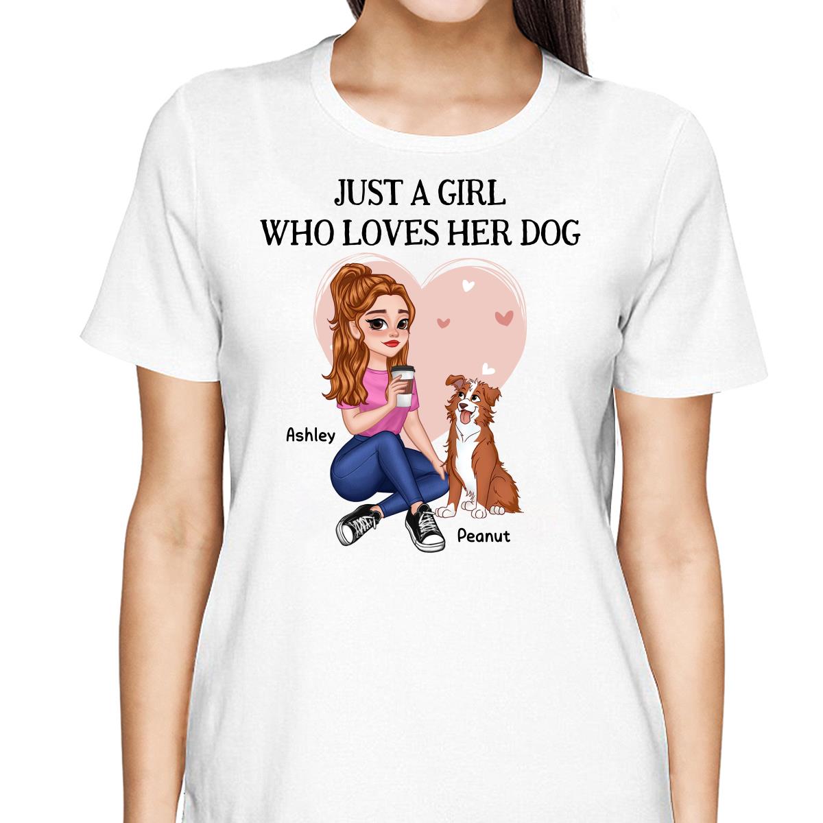 Just A Girl Who Loves Dogs Pretty Cartoon Girl Sitting With Cute Dogs Personalized Shirt