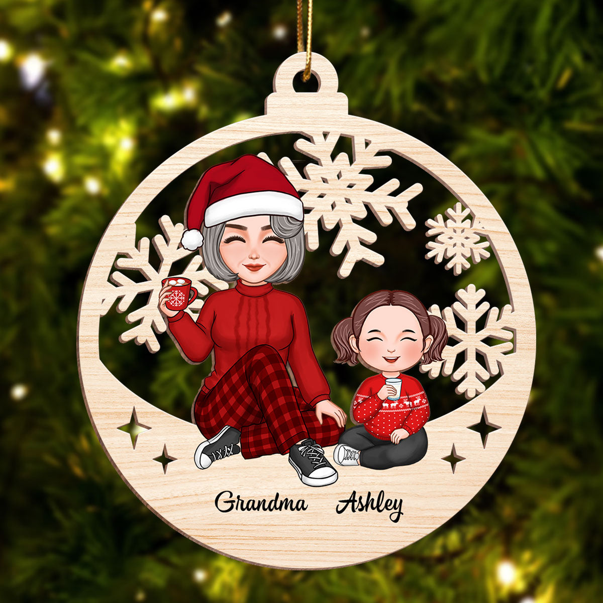 Cute Grandma Grandkid Sitting Cut-through Personalized Wooden Ornament