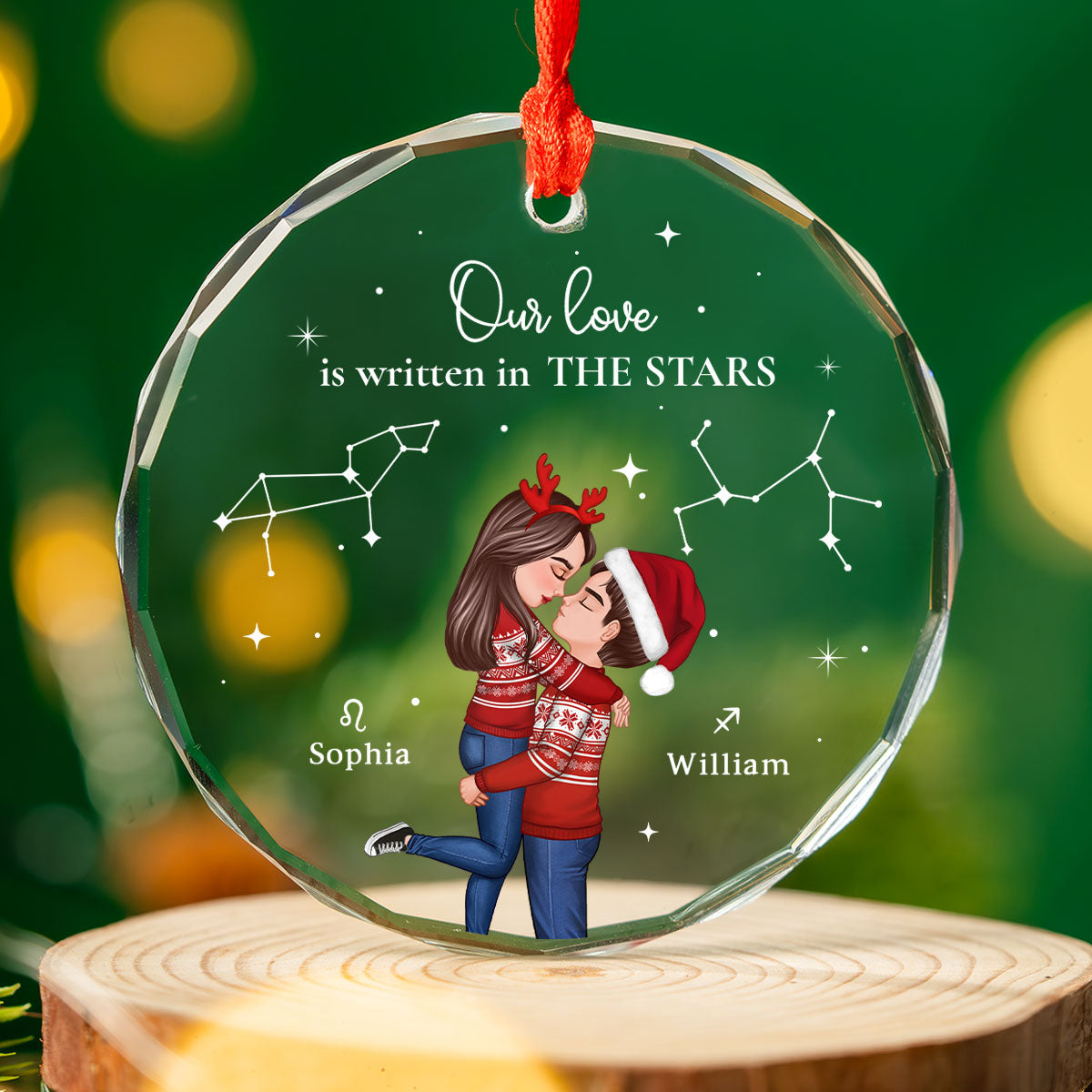 Couple Hugging Kissing Zodiac Sign Personalized Glass Ornament, Christmas Gift For Him For Her