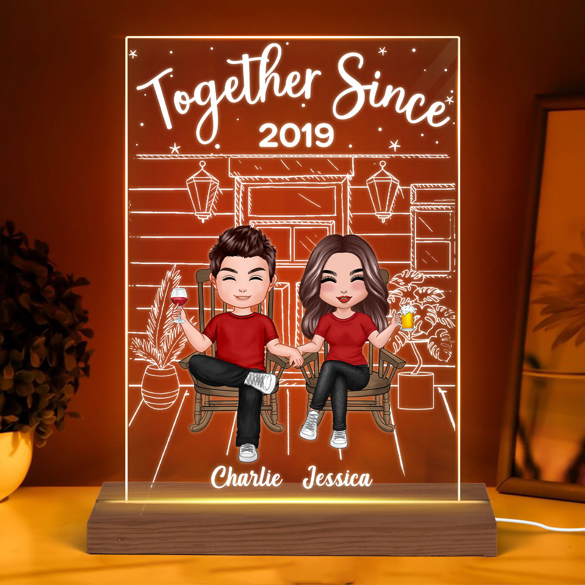 Couple Sitting Front Porch Personalized Plaque LED Night Light