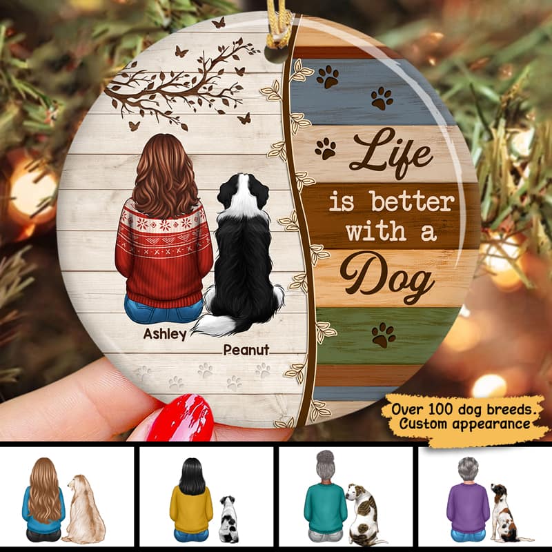 Life Is Better With Dogs Wood Branch Christmas Personalized Circle Ornament