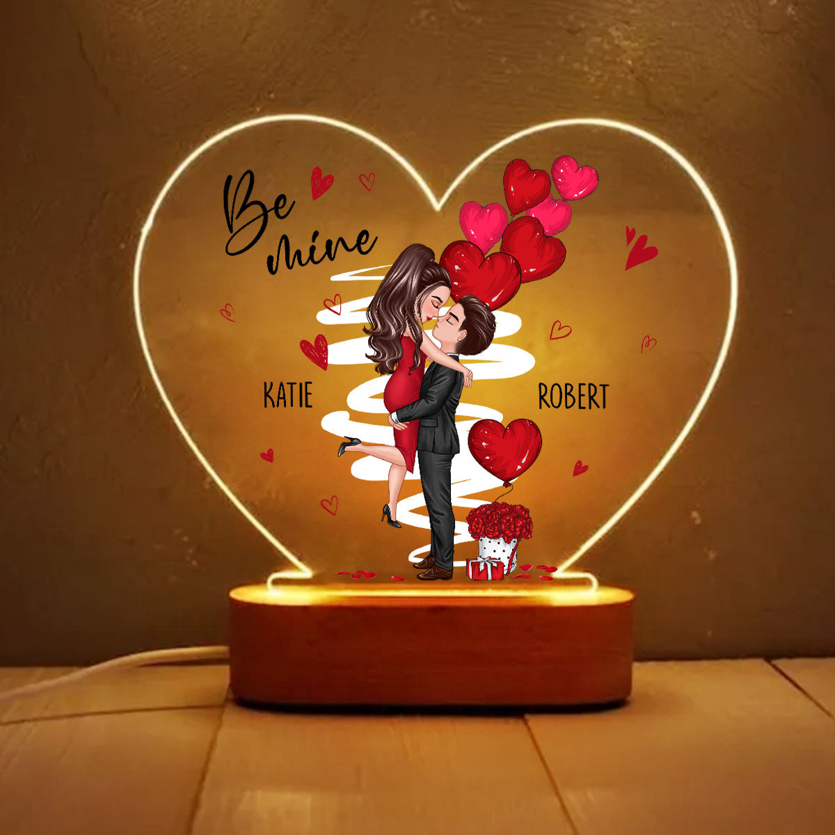 Be Mine Doll Couple Kissing Personalized Heart Plaque LED Night Light - Gift For Him Gift For Her