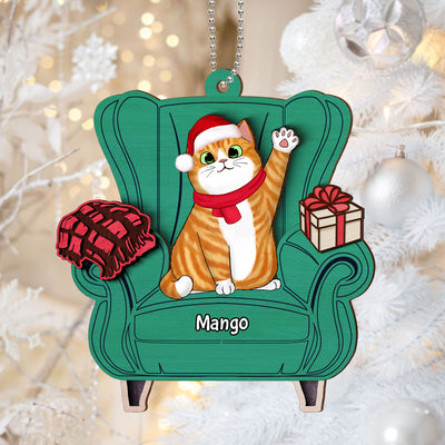 Christmas Cats On Sofa Personalized 2-Layer Wooden Ornament
