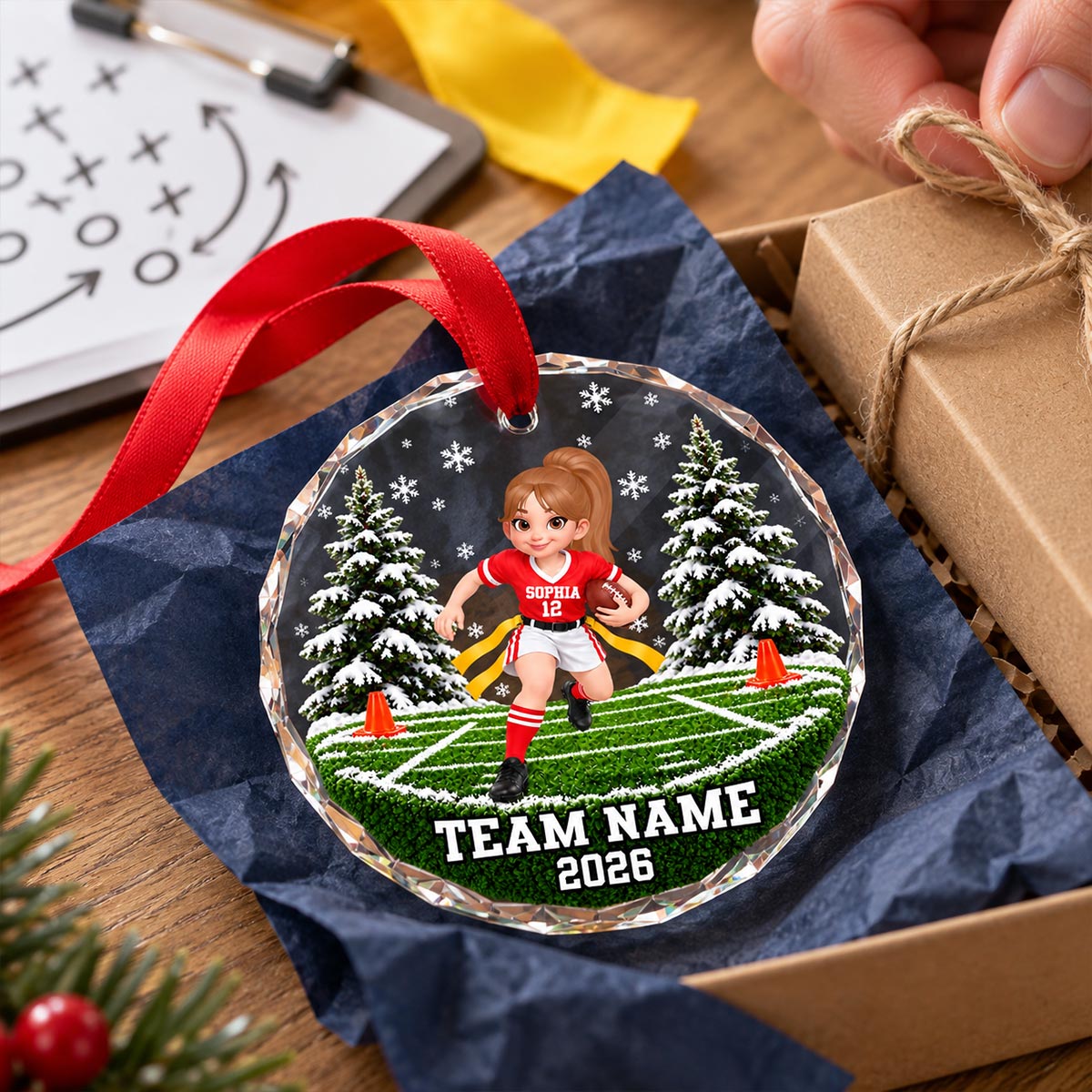 Flag Football Player 2D Flat - Personalized Glass Ornament - Custom Boy & Girl, Team Name Keepsake, Gift for Young Athletes