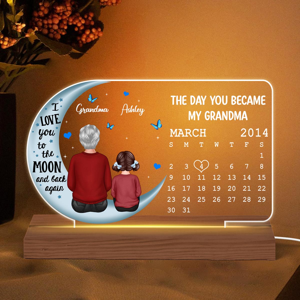 Grandma Grandkid On Blue Moon The Day You Became Birthday Calendar Personalized Custom Shape Acrylic Plaque With LED Night Light