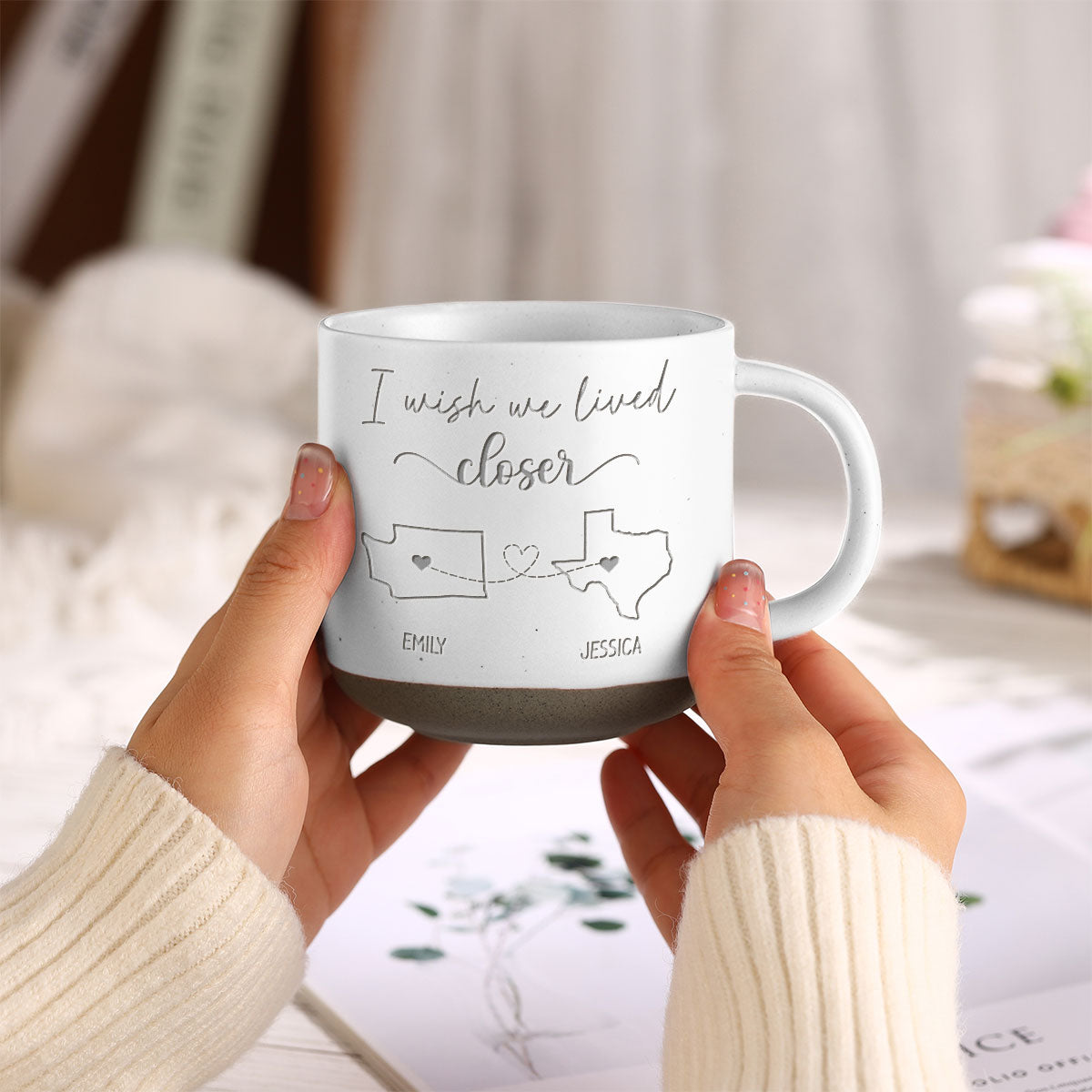 Long Distance Family Friends Siblings Sisters Besties Personalized Pottery Mug, Togetherness Christmas Gift