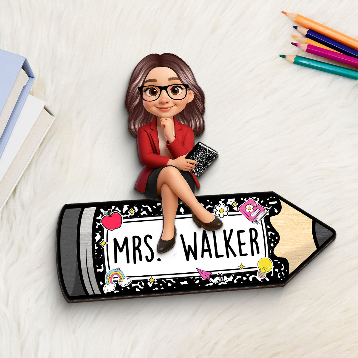 Teacher Sitting on Pencil Composition Book Pattern Personalized 2-Layered Wooden Plaque, Desk Decor for Classroom