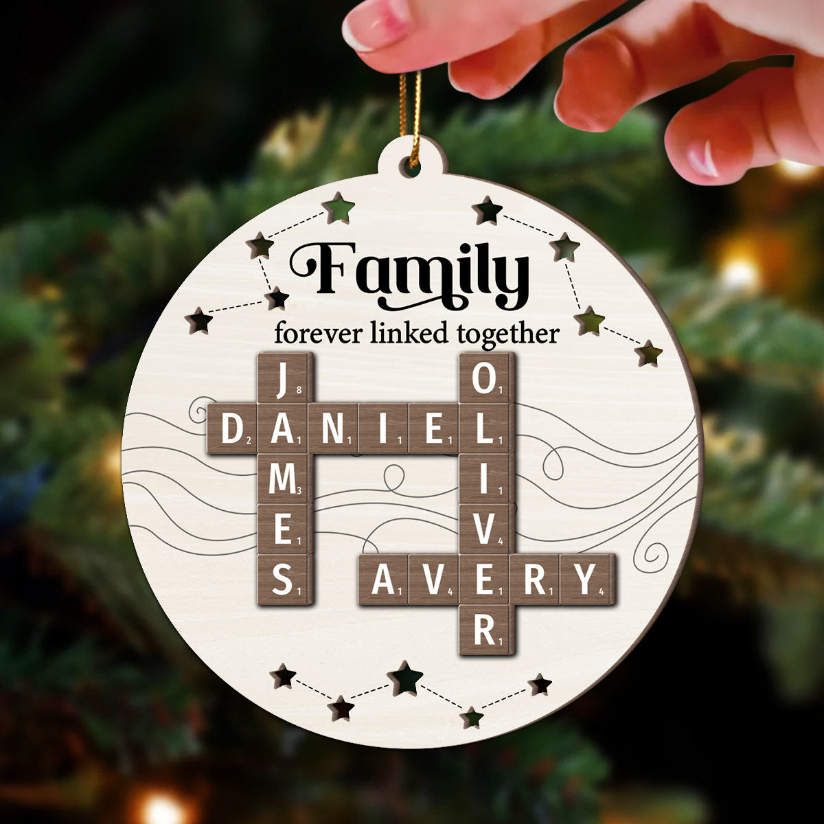 Family Forever Linked Together Puzzle Crossword Personalized 2-Layer Wooden Ornament, Christmas Gift For Family