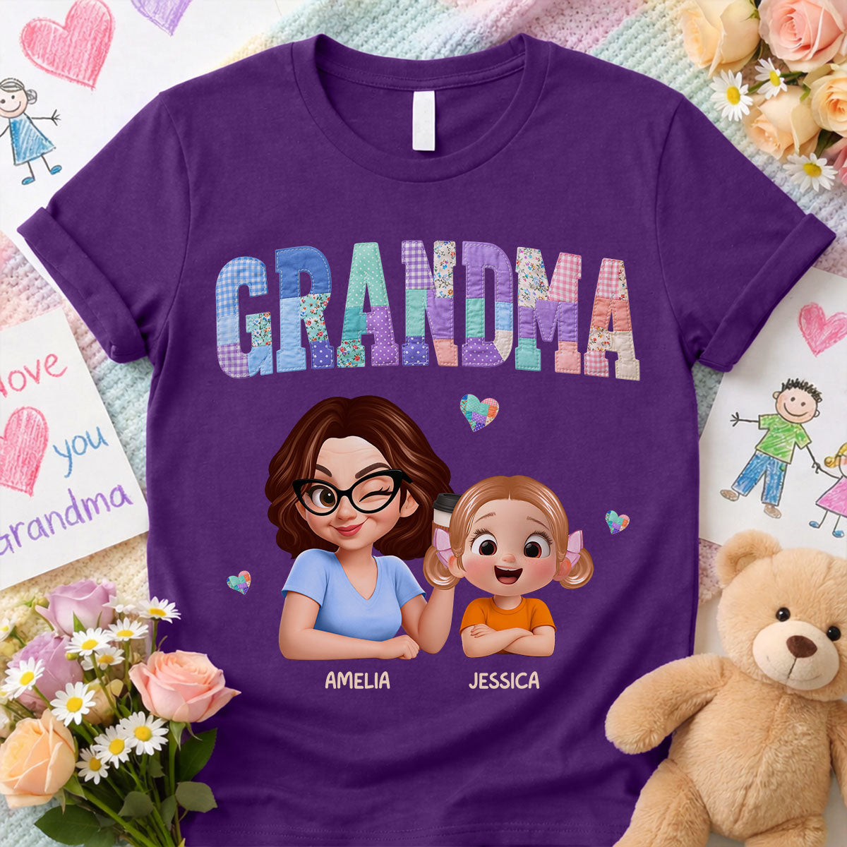 Patchwork Floral Mama Faux Embroidered - Personalized Shirt - Gift for Mom