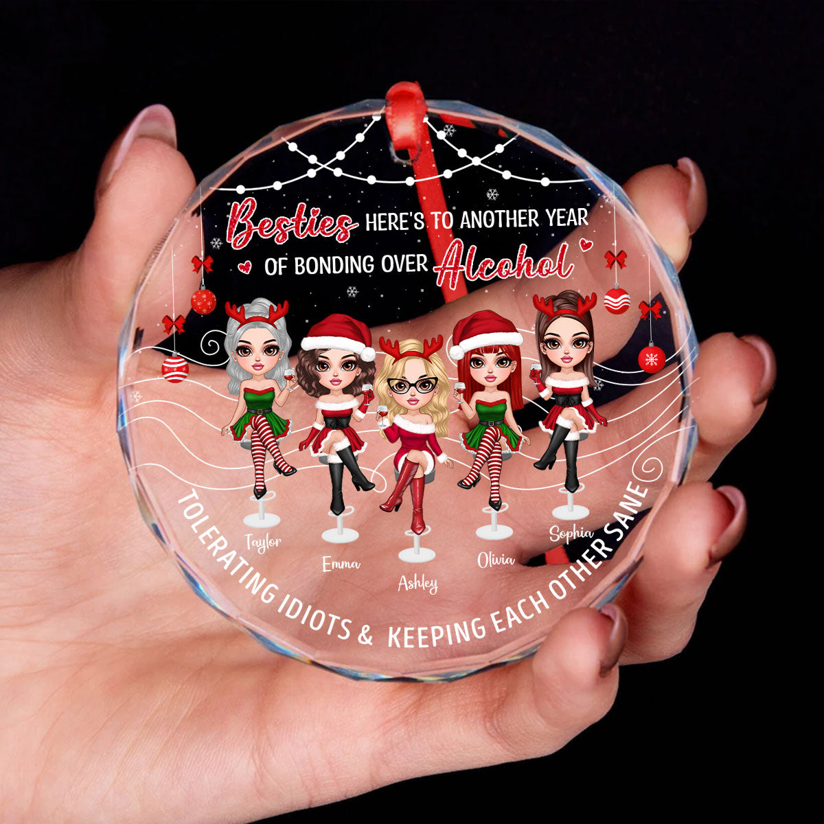 Besties Here's To Another Year Of Bonding Over Alcohol Personalized Glass Ornament, Funny Christmas Gift For Best Friends