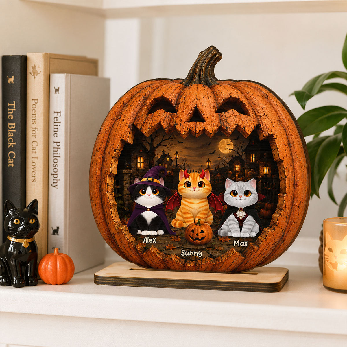 Spooky Halloween Pumpkin Cats - Personalized 2-Layered Wooden Plaque - Halloween Decor For Cat Lovers